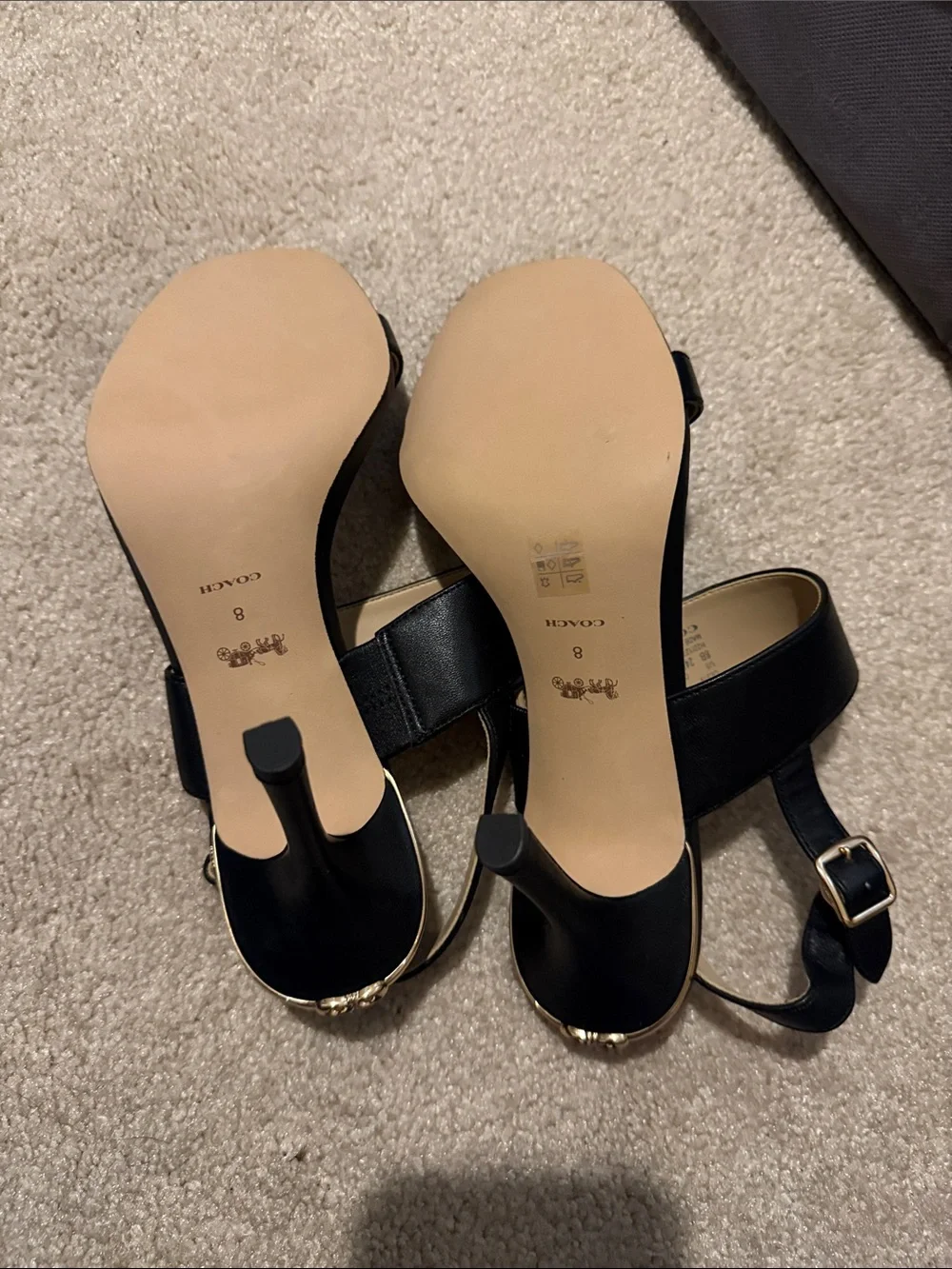 COACH Black Leather Strap Sandals with Signature Monogram Footbed